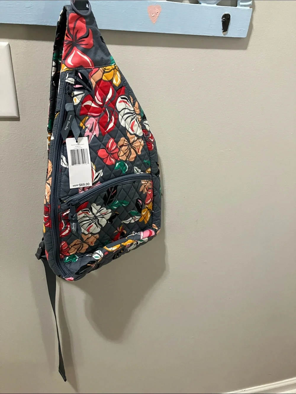 Vera Bradley Quilted Floral Sling Backpack in Gray with Multicolor Blooms